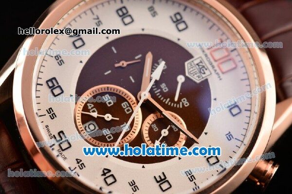 Tag Heuer Mikrograph Chrono Miyota OS10 Quartz Rose Gold Case with Brown Leather Strap and White/Brown Dial - Click Image to Close
